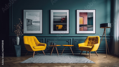 minimal design appartment, a wall with 2 or 3 picture frames, modern living-room, colourful furniture, perpendicular composition, center perspective, very detailed, photorealistic, photographic.