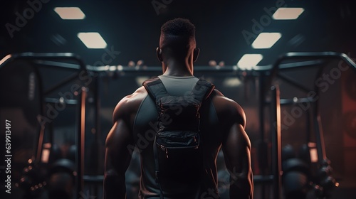 Back of young handsome sportsman in gym, bodybuilder weightlifter with an ideal body, after coaching poses , abdominal muscles, biceps triceps. In sportswear.