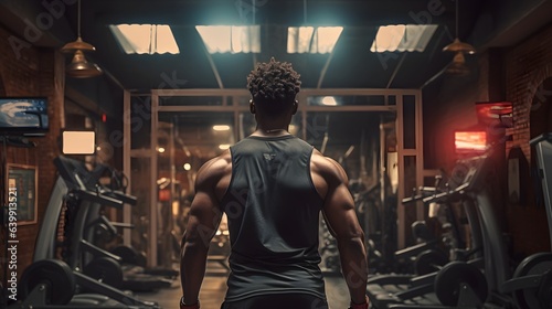 Back of young handsome sportsman bodybuilder weightlifter with an ideal body, after coaching poses , abdominal muscles, biceps triceps. In sportswear.