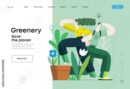 Greenery, ecology -modern flat vector concept illustration of observing people surrounded by plants. Metaphor of environmental sustainability and protection, closeness to nature