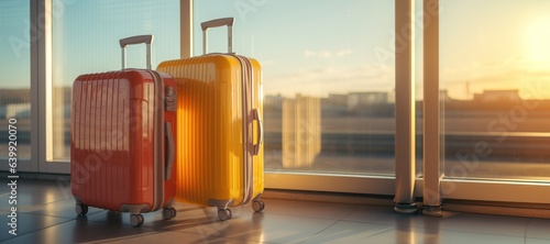 suitcase, flight, journey, transport, travel, trip, window, tourism, luxury, baggage. image background is put suitcase in some hotel or building. out there has blue sky and skyscraper. luxury tourism.