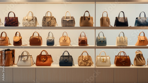 Variety of different styles and sizes of handbags in a boutique