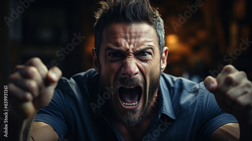 Close-up of an extremely angry adult mature man screaming with flames in background