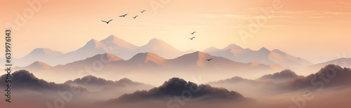 Landscape of sunset in the mountain with brown cloud details and birds flying