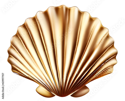 Isolated seashell scallop made of gold, computer generated illustration for use as decoration element