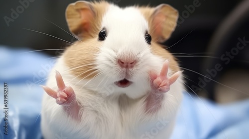 A cute white and blond hamster doing two finger selfie pose, victory sign