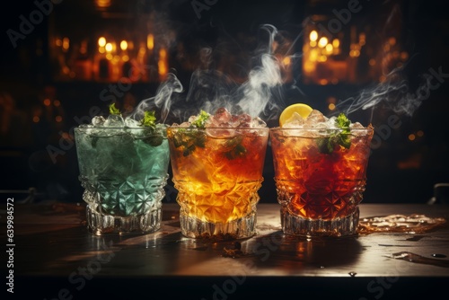Cocktails in dark colors with smoke or dry ice effects. 
