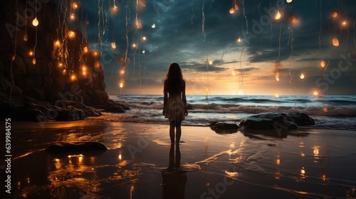 A person stands alone on the beach, waves crashing against the shore, the sky overhead adorned with stars. Their gaze holds a mix of longing and resignation for the past.