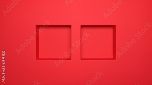 Red 3d square niche shelf wall render vector background. Two recess product podium shoot in studio interior. Modern photography showcase perspective view concept for fashion or beauty advertising.
