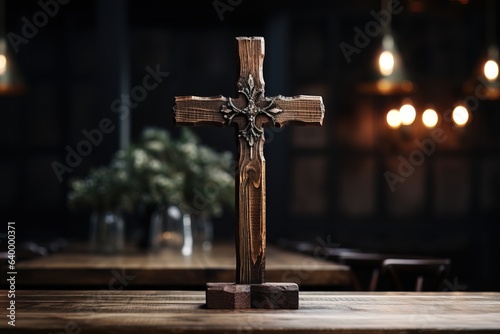 Old wooden cross in a church on a table on a blurred background, AI generation