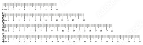 Collection measuring charts with 10,15, 20, 25 centimeters. Set of eps templates rulers scale with numbers. Length measurement math, distance, height, sewing tools. Vector illustration.