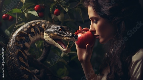 eva in the garden of eden with the snake and the apple