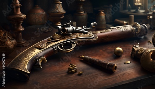 Old pirate flintlock pistol laying on a table