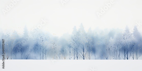 Misty mood in the winter forest. Gold, grey, violet, mauve, pale blue ink trees illustration. Romantic and mourning landscape for seasonal or condolence greetings.