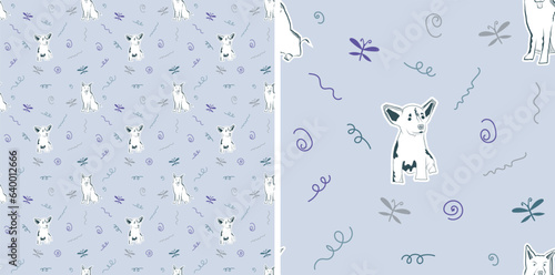 Two-color seamless pattern with dogs, holiday texture with mixed-breed dog in one color, line art style. Seamless violet color pattern with smiling detailed illustrations of dogs and colorful swirls.