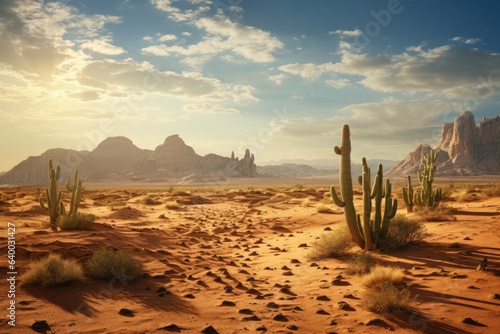 A rugged desert landscape with sand dunes with cactus and cacti as found in the old west, Stunning Scenic World Landscape Wallpaper Background