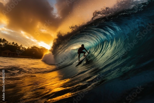 a professional surfer shown in silhouette while surfing in the wave tube in hawaii at sunset, Stunning Scenic World Landscape Wallpaper Background