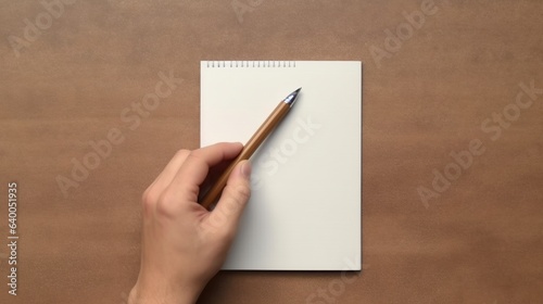 Female hand writing in notebook with pen on wooden table.