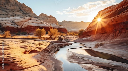 Sunlit red rock formations in a desert oasis 