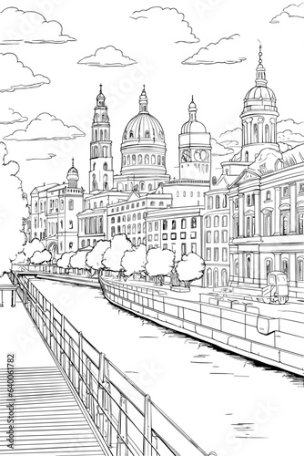 France Lyon cityscape black and white coloring page for adults. European city buildings, attractions, street, landmarks vector outline doodle sketch for anti stress color book