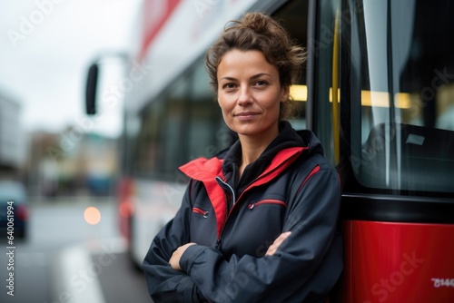 Smiling portrait of a young female caucasian bus driver working in the city driving buses