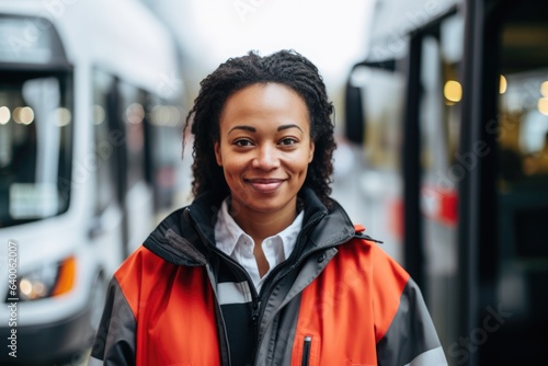 Smiling portrait of a young female african american bus driver working driving buses in the city