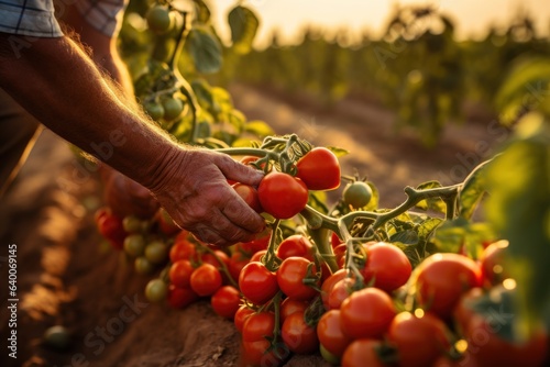 Farmers harvest tomatoes in a tomato plantation garden.
