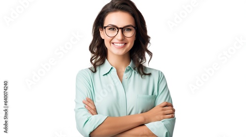 Businesswoman smiles at the camera against a white background.