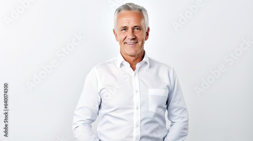 Senior Caucasian businessman sporting a coral shirt in a portrait. An elderly male executive with gray hair. generative ai