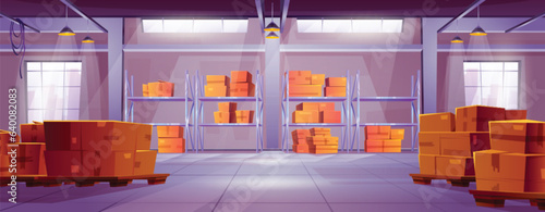 Logistic warehouse interior with box and pallet vector. Factory or store stockroom building with cargo on rack shelves for distribution. Hangar room inside construction with parcel cartoon background