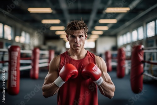 Portrait of a young boxer in the gym. He looking at camera after a workout. Boxing is a sport for those who are able to show a real masculine character