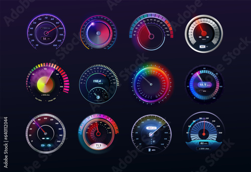 Speedometers set. Car speed realistic dashboard, futuristic gauge meter, counter and arrow. Bright glowing elements on black background. Vector exact isolated interface design
