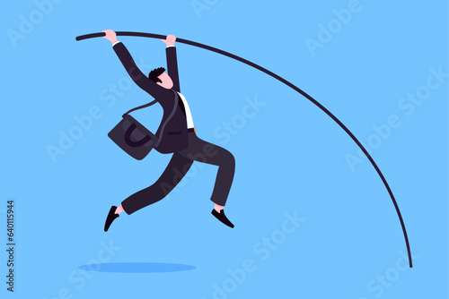Businessman jumps pole vault flat style design vector illustration business concept. Business growth and goal achievement concept.