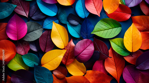 Falling leaves in rainbow colors, flat lay.