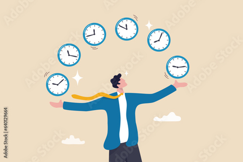 Time management, punctuality or work deadline, schedule plan or reminder, productivity expert or timer countdown, expertise concept, confidence businessman expert juggling clock in difference time.