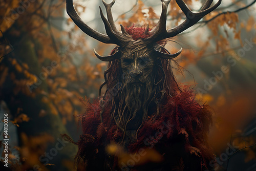 Fantasy and mystery within a moody woodland. A mythical creature with deer horns lurks among the autumn foliage, embodying an enigmatic and supernatural presence.