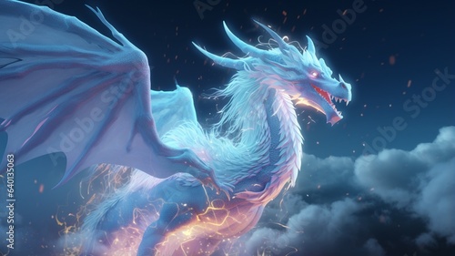 Beautiful majestic white dragon flying sky wallpaper image Ai generated art