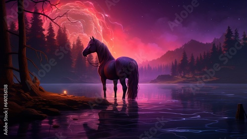 Horse sitting river bank neon racing glowing illustration picture Ai generated art