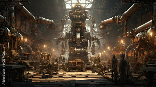 Steam-powered robots working in a clockwork factory