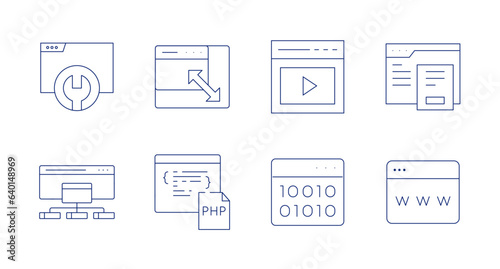 Website icons. Editable stroke. Containing browser, resize, video, sitemap, php, binary code.