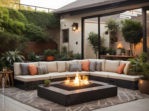 outdoor patio arrangement with table, chair and fire place, the most comfortable gathering place with plant decorations