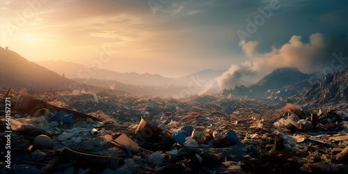 sprawling landfill site overflowing with mountains of discarded plastic waste, highlighting the issue of plastic pollution. Generative AI