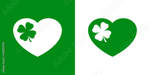 Día de San Patricio. Logo con silueta de corazón con trébol de 4 hojas en espacio negativo