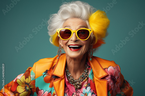 Happy, cool, fashionable old lady in outrageous yellow clothes and sunglasses.