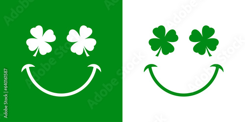 Día de San Patricio. Símbolo de suerte. Logo con silueta de emoticono con cara con tréboles de 4 hojas como ojos y sonrisa