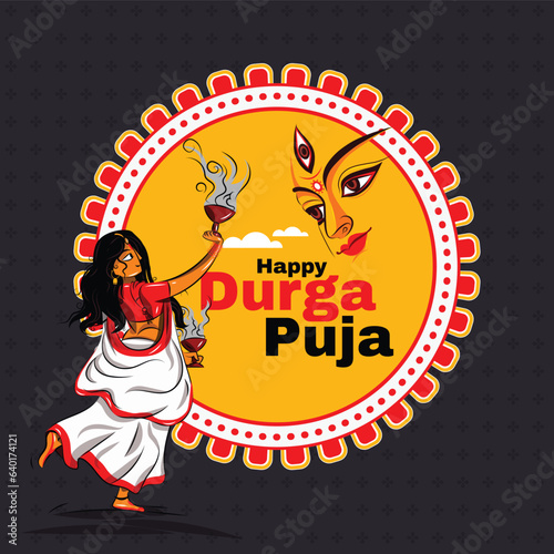 vector illustration of bengali women performing Dhunuchi dance on Durga Puja pandal