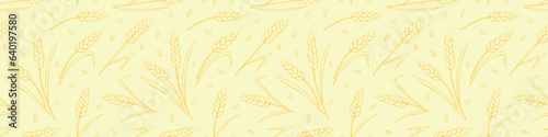 Wheat golden spikelets and grains, vector yellow seamless pattern in flat style, isolated. Design of print, wrapping paper, packaging on theme of bakery products, flour, harvest, thanksgiving