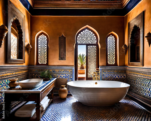 historic bathroom in a luxurious moroccan villa, historical tiles, orient style - generative ai