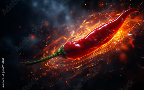 Chili pepper in flames on black background. Generative AI.