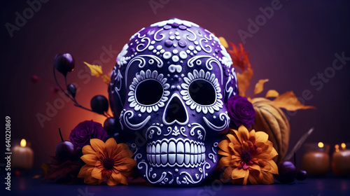 Craneo maquillado de colores y formas para el dia de los muertos en mexico.